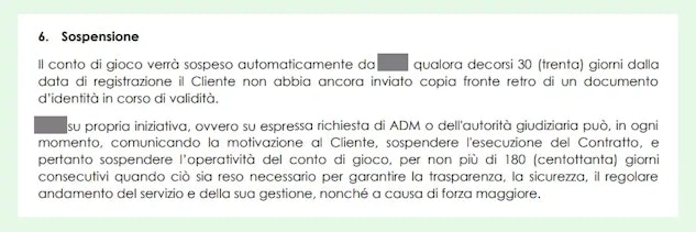 Screenshot termini e condizioni conto di gioco scommesse