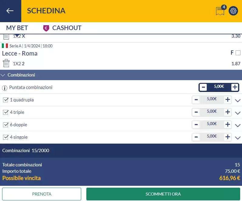 Sistema di scommesse Lucky15 esempio su Eurobet