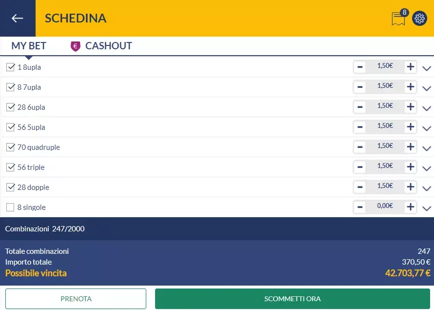 Esempio di sistema scommesse Goliath su Eurobet