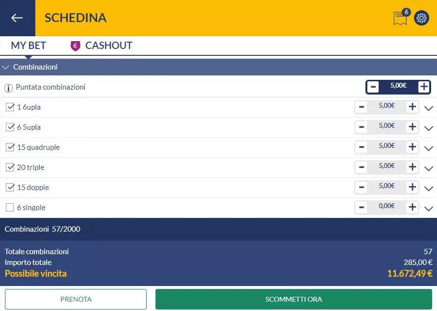 Esempio sistema di scommesse Heinz su Eurobet