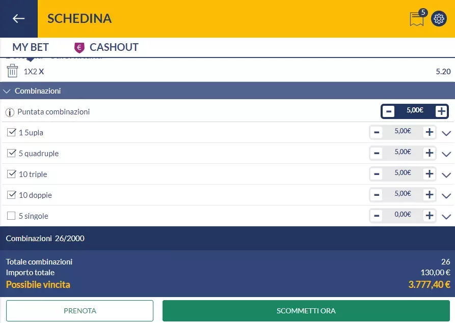 Esempio sistema di scommesse Super Yankee su Eurobet