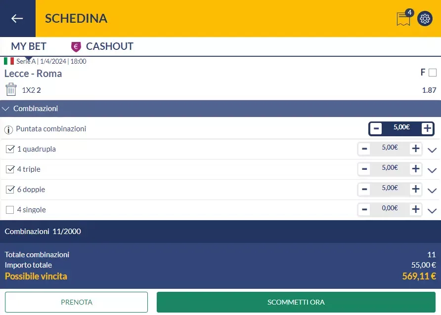 Esempio di sistema scommesse Yankee su Eurobet