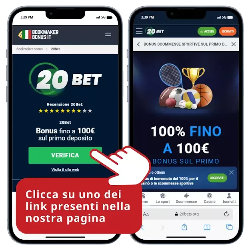 Schermata del pannello di controllo 20bet che mostra il percorso per attivare un bonus.