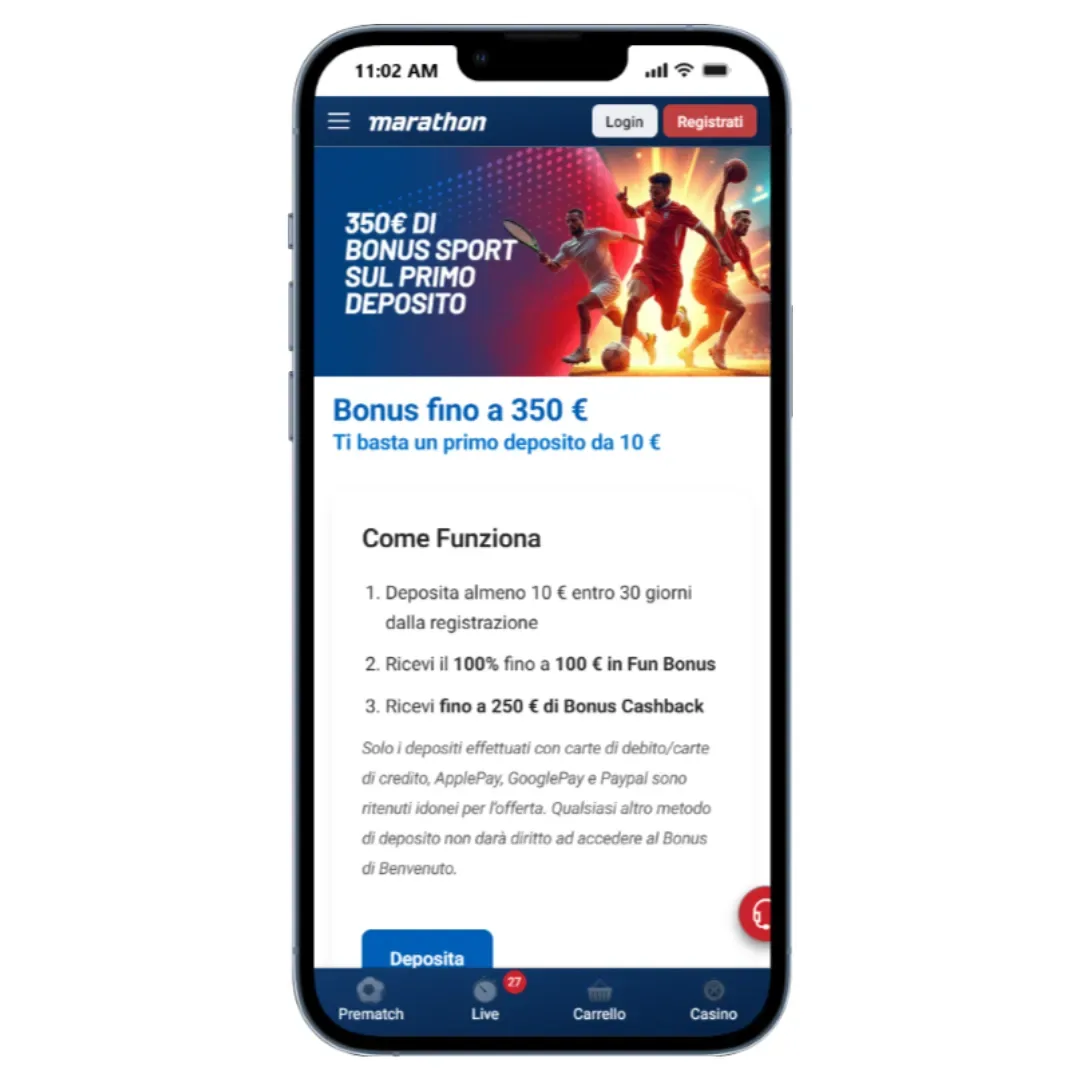 Ricco bonus di benvenuto per le scommesse sportive su Marathobet
