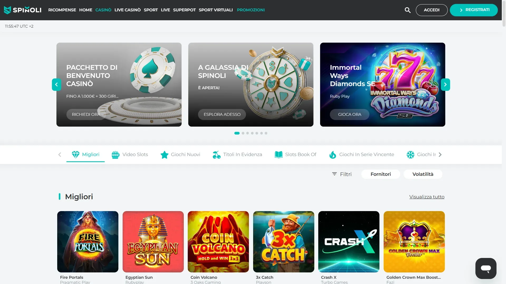 Ricco palinsesto di slot e altri giochi casino