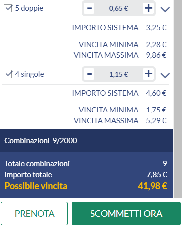 Scegli quanto puntare su ciascun evento presente nel tuo sistema