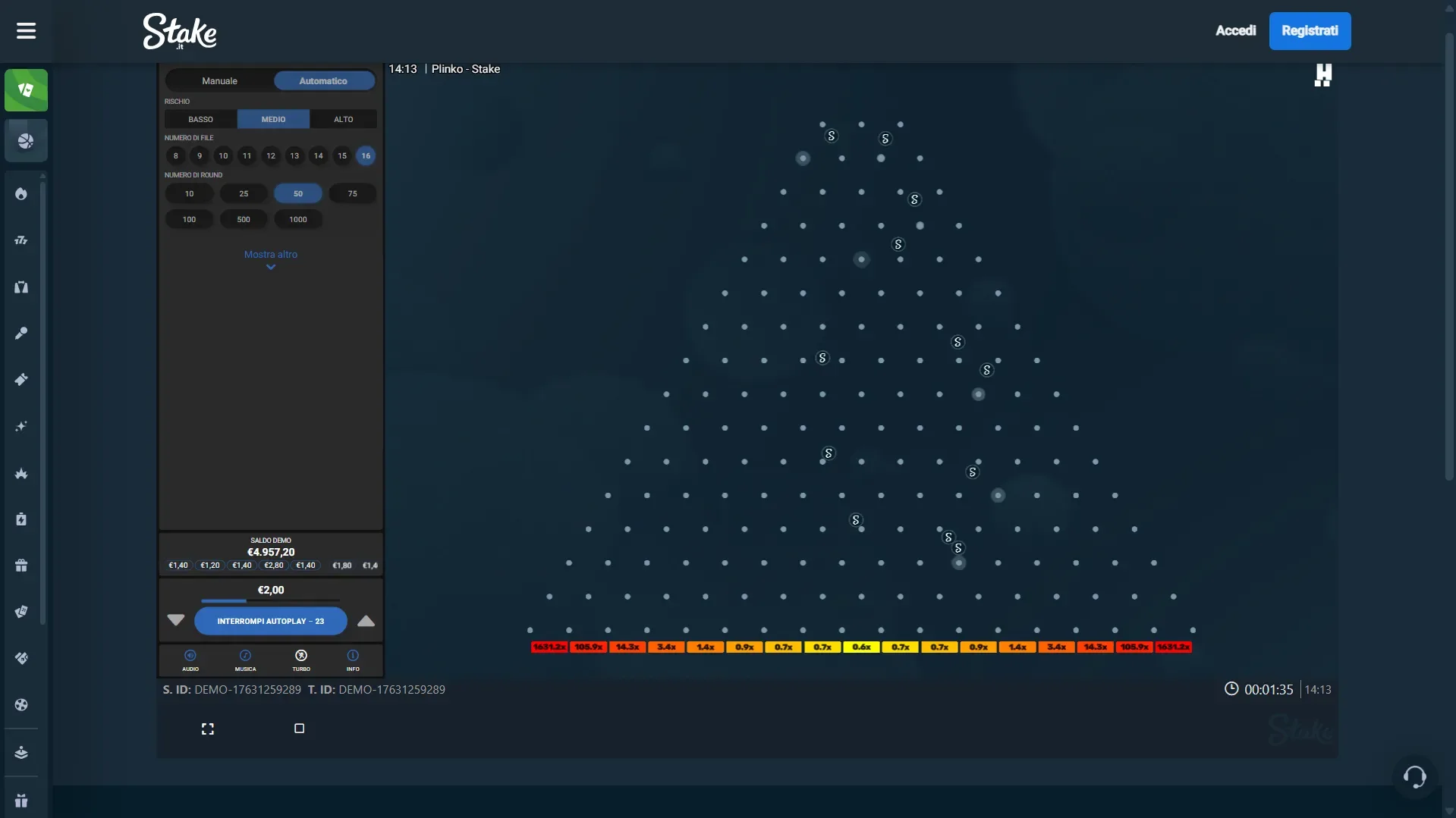 Uno dei Turbo Games di Stake: Plinko