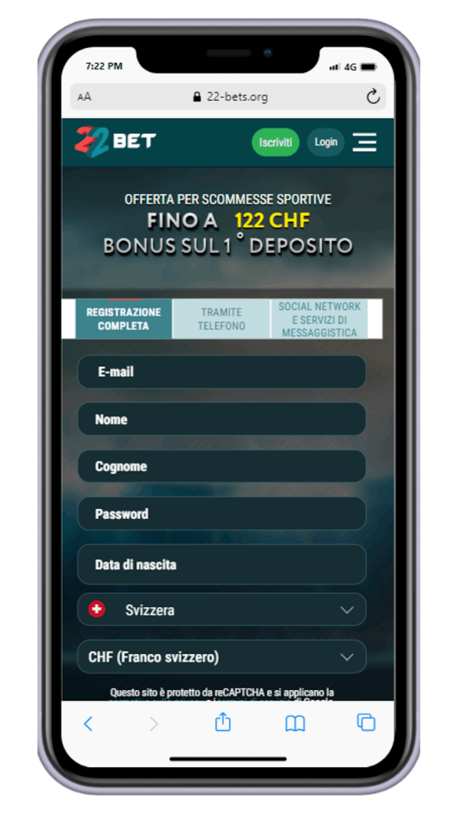 Ricevi un bonus fino a 122CHF sul tuo primo deposito