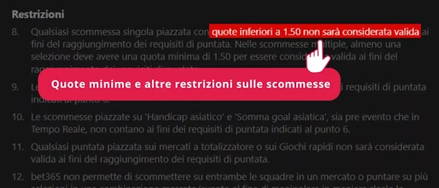 Esempio restrizioni scommesse quote minime bonus benvenuto