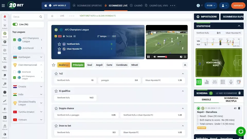 Guarda eventi sportivi in diretta su 20 Bet