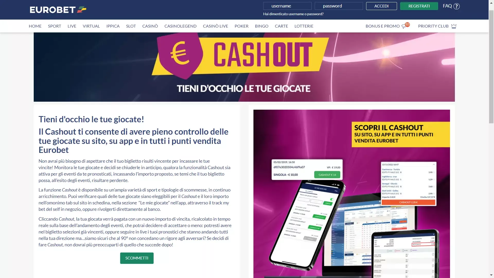 Il cash out di Eurobet è disponibile su molti eventi sportivi
