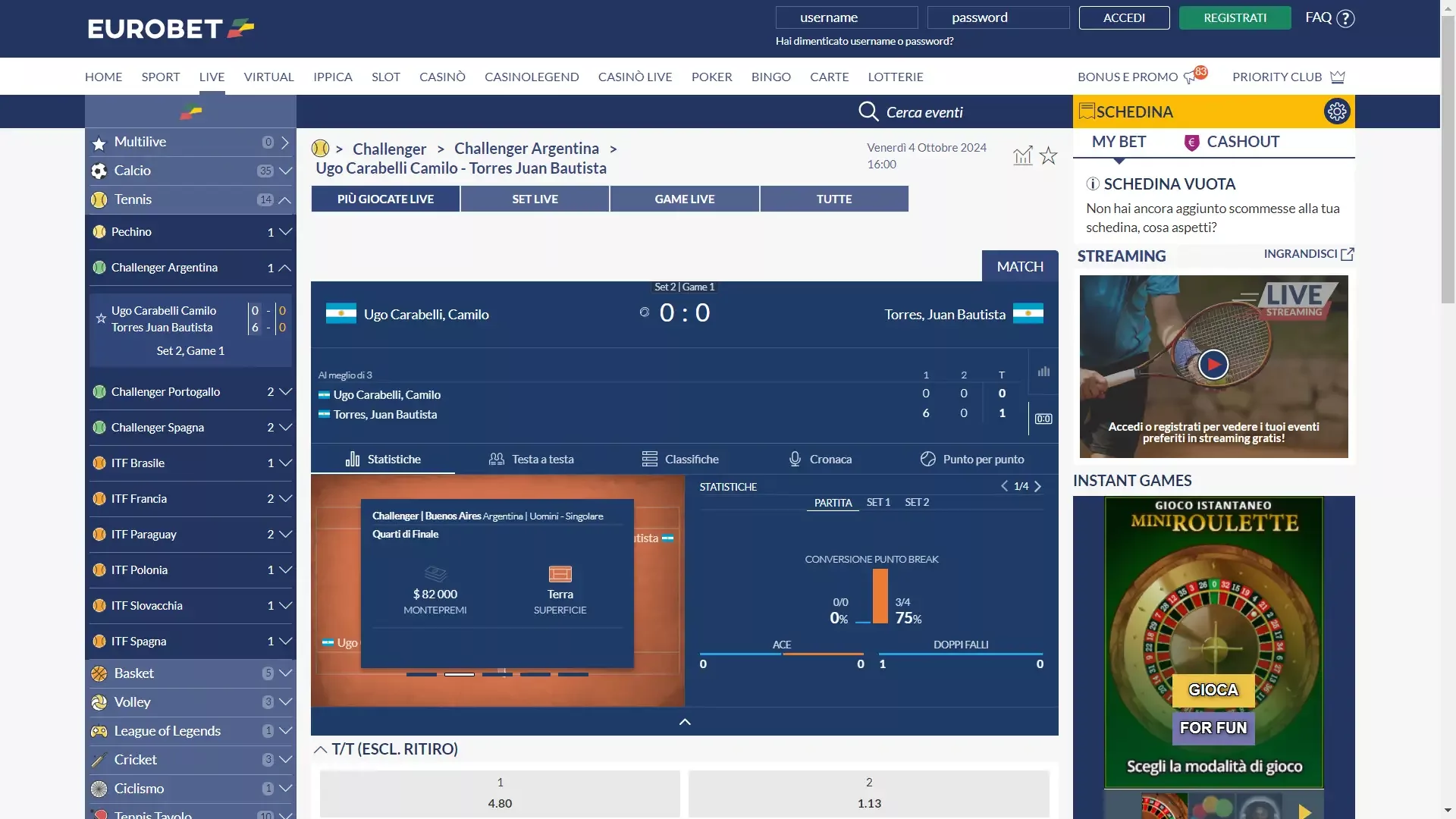 Il cash out è disponibile anche su il tennis