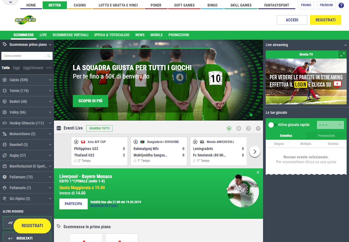 Better Italia → Bonus benvenuto » Scommesse 50€ » Casino 620€