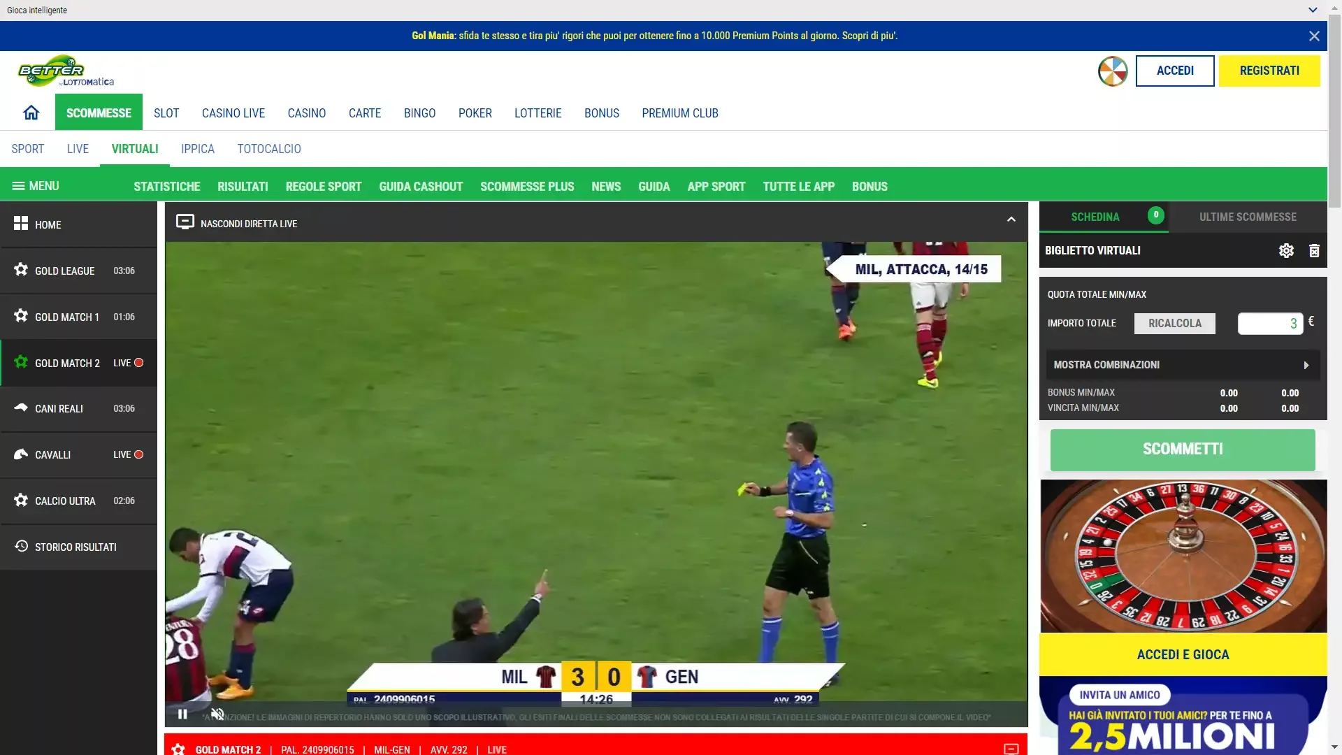 Ricco palinsesto di scommesse virtual