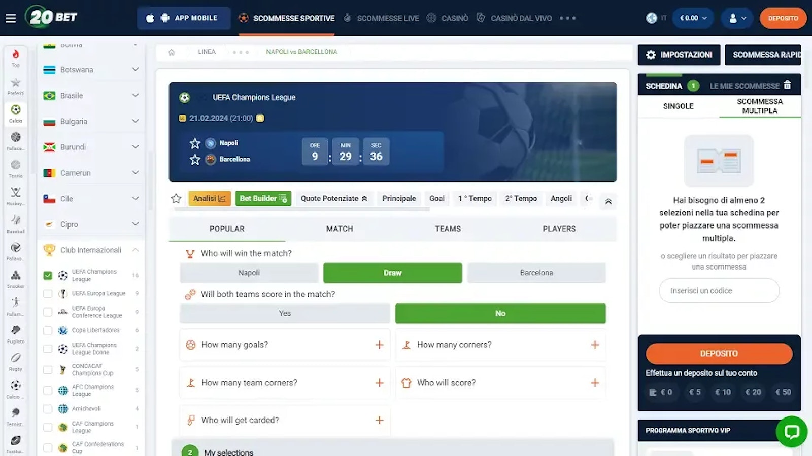Interfaccia del Bet Builder di 20bet che mostra la creazione di una scommessa personalizzata su un evento di calcio
