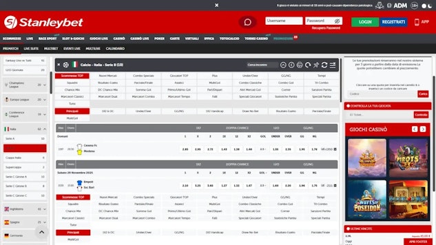 Screenshot palinsesto scommesse calcio stanleybet