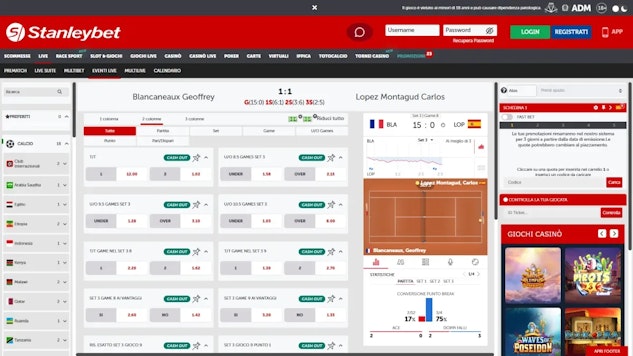Screenshot palinsesto scommesse live su stanleybet