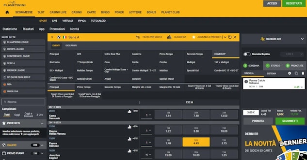 Screenshot scommesse con handicap planetwin365