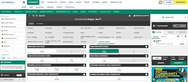 Screenshot scommesse speciali su lottomatica
