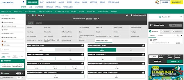 Screenshot scommesse speciali su lottomatica