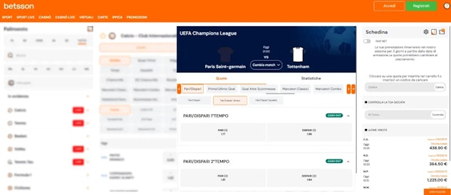 Screenshot scommesse sui gol su betsson