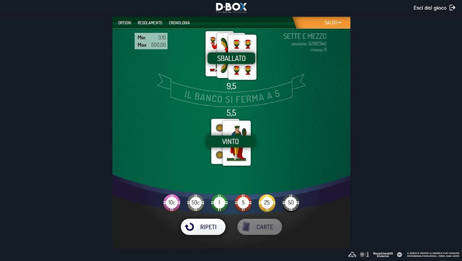 Interfaccia del gioco Sette e Mezzo su Sisal Casino