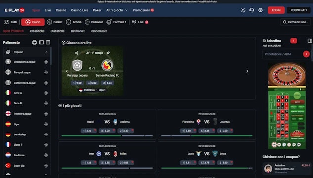 Screenshot sezione sport di eplay24