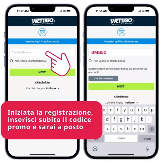 Registrazione wettigo codice promo per freebet cash 50 chf