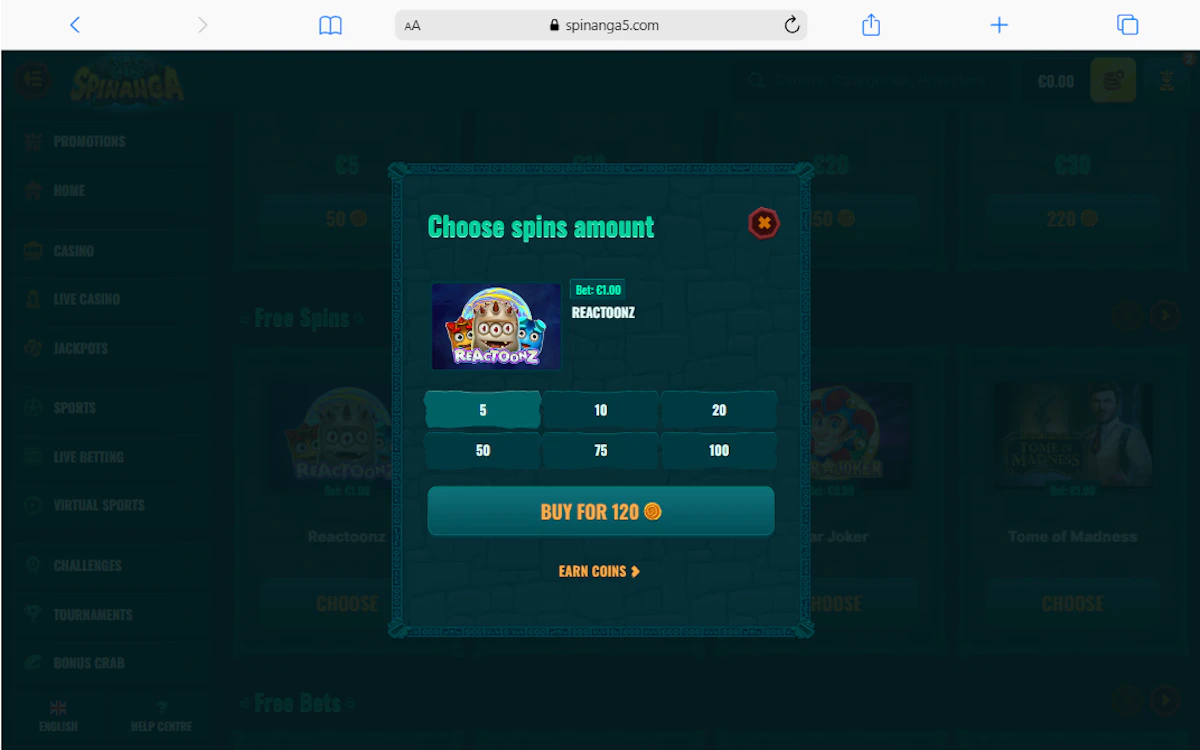 Διεπαφή του Spinanga Casino