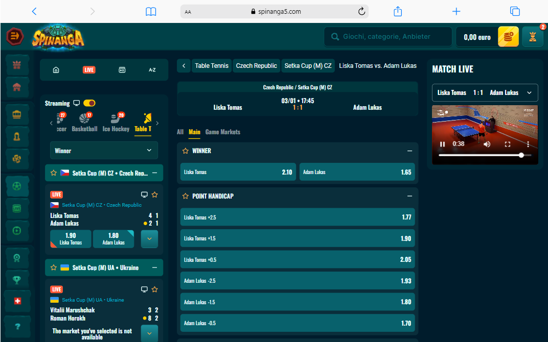 Spinanga live streaming ping pong